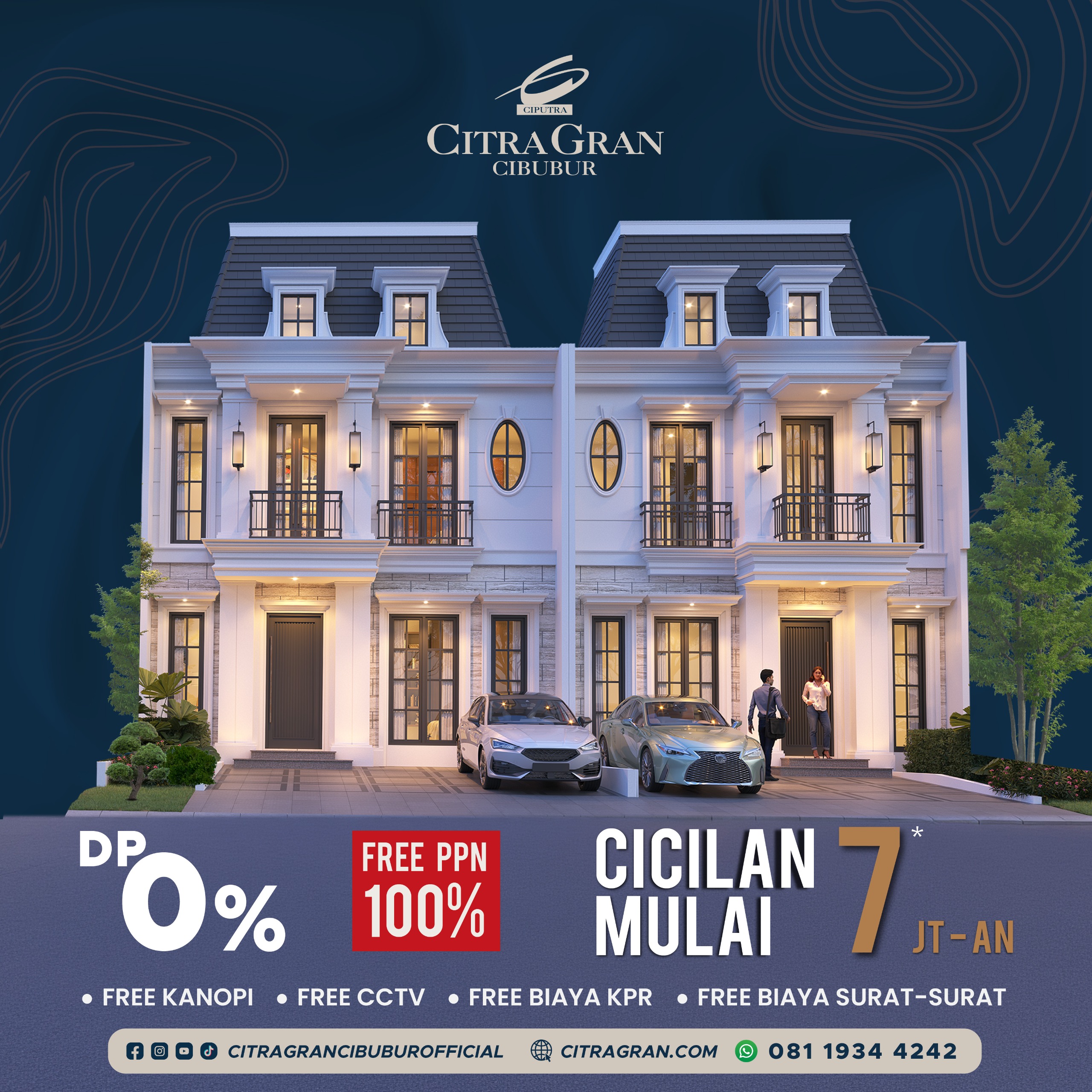 white townhouse facade with two cars parked in front set against a dark blue promo backdrop featuring the citragran cibubur logo   citragran cibubur | perumahan baru lokasi strategis cibubur