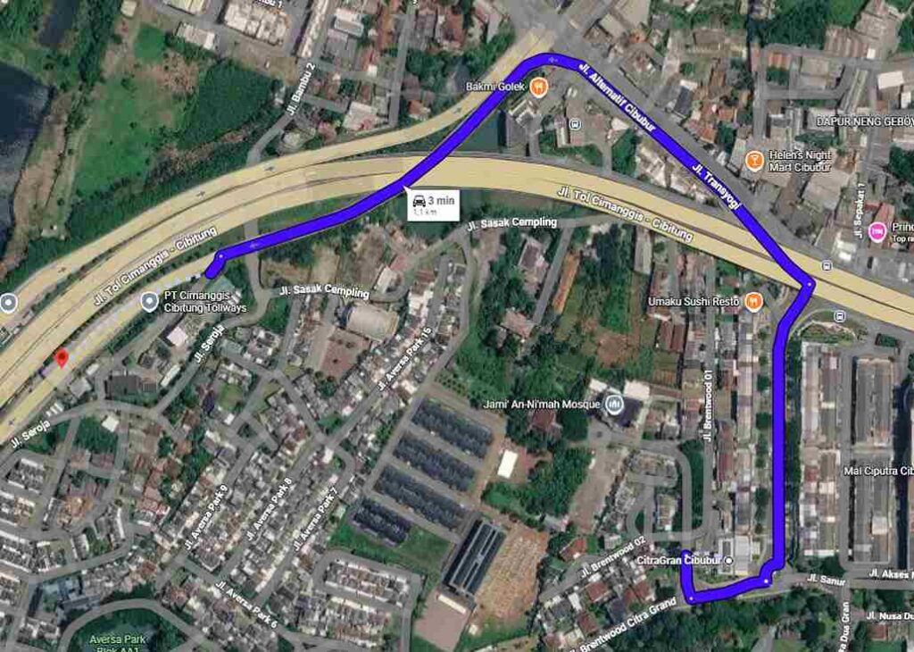 satellite map with a blue driving route marking a loop along a major highway and surrounding streets from northwest to southeast   citragran cibubur | perumahan baru lokasi strategis cibubur
